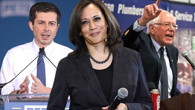 Buttigieg, Harris, Sanders (Bild: AP, APA/AFP/GETTY IMAGES, krone.at-Grafik)