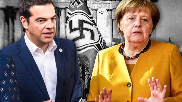 „Die Forderung von Reparationszahlungen ist für uns eine historische und moralische Pflicht“, sagt Griechenlands Regierungschef Alexis Tsipras. Doch die Merkel-Regierung in Berlin will der Forderung nicht nachkommen. (Bild: AP, AFP, wikipedia.org, krone.at-Grafik)