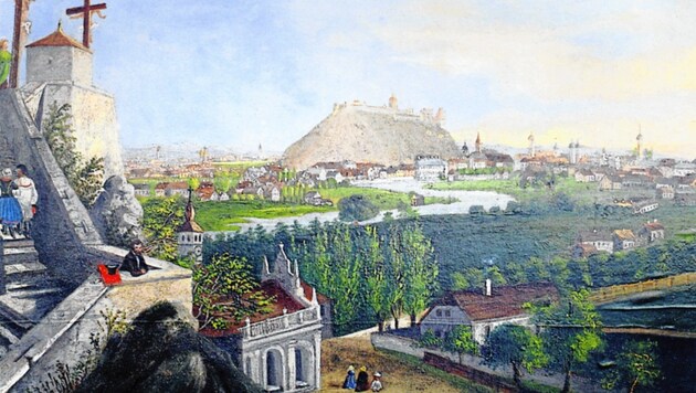 Ein guter, unverbauter, Blick vom Kalvarienberg in Richtung Stadtmitte auf einem Ölgemälde, das um das Jahr 1850 entstanden ist. (Bild: Karl A. Kubinzky)