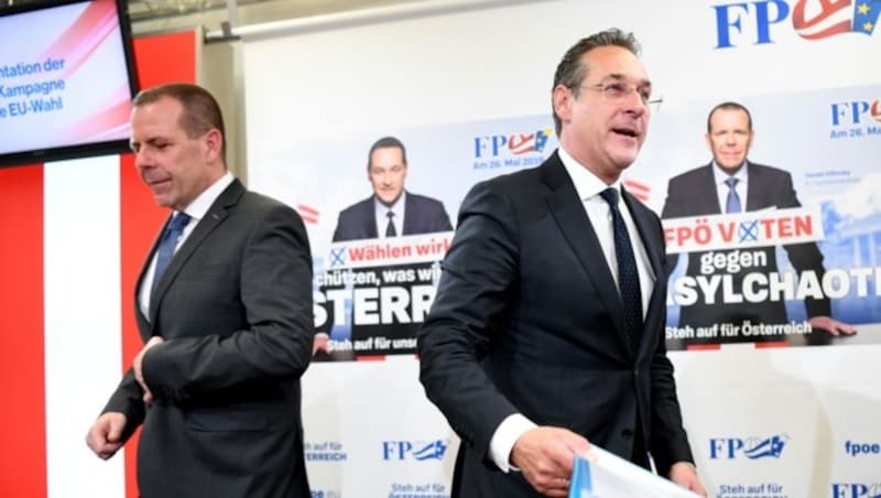 FPÖ-EU-Abgeordneter Harald Vilimsky und Ex-FPÖ-Bundesparteichef Heinz-Christian Strache (Bild: APA/HELMUT FOHRINGER)