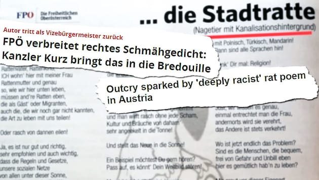 Die Liste an rechten Ausrutschern der FPÖ ist lang. Im April 2019 sorgte der blaue Vizebürgermeister von Braunau, Christian Schilcher, mit seinem „Rattengedicht“ in einem Parteiblatt für Empörung. Er verglich darin Menschen mit Ratten - einen Tag später trat er zurück. (Bild: Screenshot BBC, Screenshot Focus, FPÖ Oberösterreich, krone.at-Grafik)