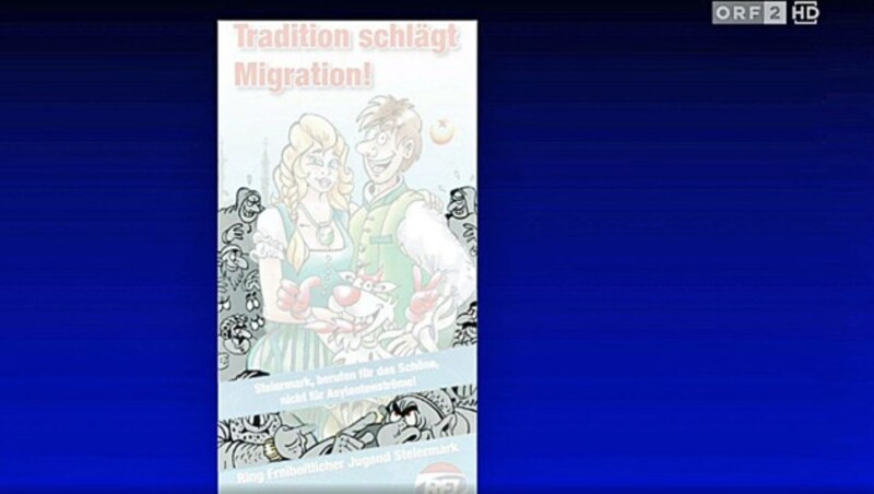 „Tradition schlägt Migration“: Das Plakat der FPÖ-Jugend Steiermark mit in einschlägiger Manier gezeichneten Ausländern - hier hervorgehoben - in der „ZiB 2“ (Bild: Screenshot/ORF)