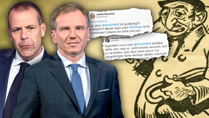 Auf Social Media gehen die Meinungen über Wolf und Vilimsky weit auseinander. (Bild: ORF, AFP, twitter.com, krone.at-Grafik)