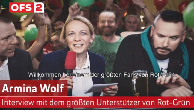 „Armina Wolf“ berichtete im FPÖ-Wahlvideo für „OFS 2“ von der rot-grünen Wahlparty. (Bild: youtube.com, krone.at-Grafik)