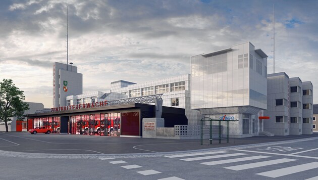Transparente Fassade mit feuerwehrroter Wagenhalle - so wird die neu gestaltete Feuerwehr-Zentrale auf dem Lendplatz aussehen. (Bild: Eva Kuß)