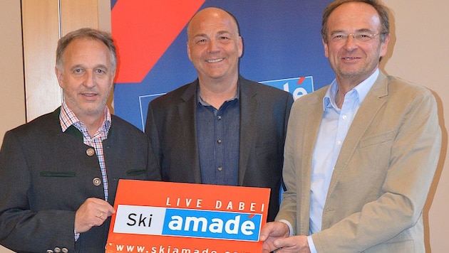 Der neue Präsident Wolfgang Egger mit Vorgänger Georg Bliem und Geschäftsführer Christoph Eisinger (Mitte). (Bild: Ski amade)