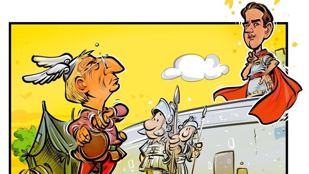 Wie unser Karikaturist die Idee eines Oberösterreich-Büros in Wien sieht: „„Asterix“ Thomas Stelzer belagert „Caesar“ Sebastian Kurz. (Bild: Milan A. Ilic)