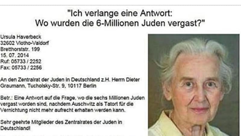 „Ich verlange eine Antwort, wo wurden die sechs Millionen Juden vergast?“ Dieses Schreiben der verurteilten Holocaust-Leugnerin Ursula Haverbeck wurde von der FPÖ-Funktionärin geteilt. (Bild: Screenshot/Facebook.com)