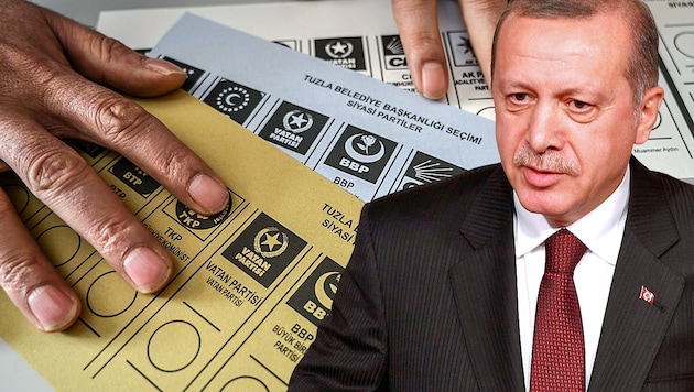 Dem Antrag der Partei von Präsident Recep Tayyip Erdogan ist nun stattgegeben worden: Die Bürgermeisterwahl in Istanbul wird wiederholt. (Bild: APA/AFP/Ozan KOSE, EPA, krone.at-Grafik)