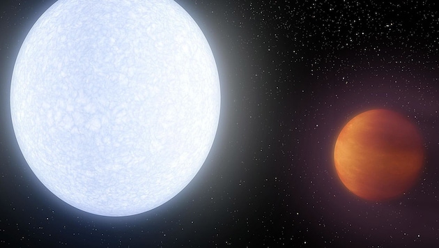 Künstlerische Darstellung des Sterns „Kelt-9“ und seines sehr heißen Planeten „Kelt-9b“ (Bild: NASA/JPL-Caltech)
