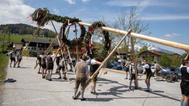 Ein traditionelles Maibaumaufstellen, wie hier 2019 in Dürrnberg (Salzburg) wird es heuer nicht geben. Das Aufstellen durch Gemeindebedienstete oder Firmen ohne Zuschauer ist jedoch erlaubt. (Bild: Vogl-Perspektive/Mike Vogl)