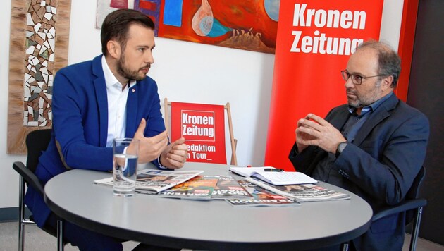 Landesrat Sebastian Schuschnig im Gespräch mit „Kärntner Krone“-Chefredakteur Hannes Mößlacher (Bild: Uta Rojsek-Wiedergut)