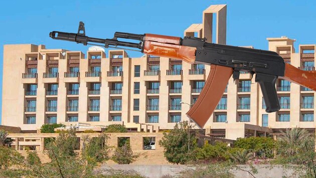 Mehrere Bewaffnete haben am Samstag ein Luxushotel in der südpakistanischen Stadt Gwadar gestürmt. (Bild: Twitter.com; thinkstockphotos.de; krone.at-Grafik)