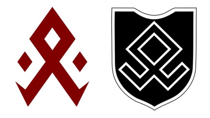 Links Odin Wiesingers Logo, rechts die Odalrune auf dem Wappen der 7. SS-Freiwilligen-Gebirgs-Division „Prinz Eugen“ (Bild: galleria.thule-italia.com/m-odin-wiesinger, wikimedia commons, krone.at-Grafik)