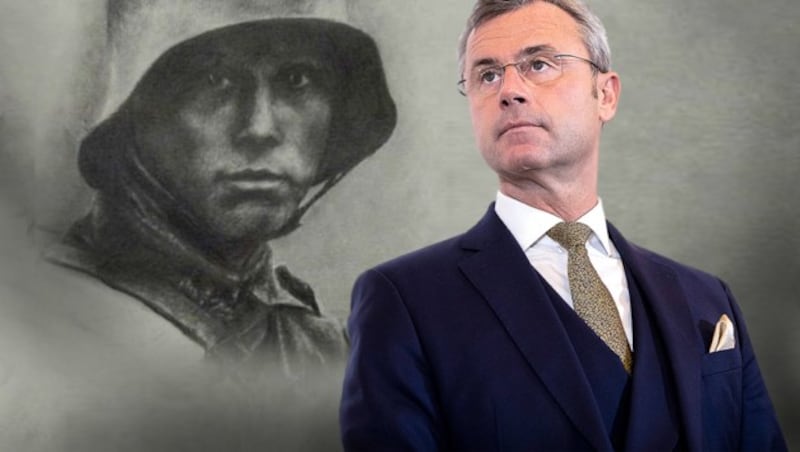 Norbert Hofer neben einem Werk Odin Wiesingers (Bild: galleria.thule-italia.com/m-odin-wiesinger/, APA/GEORG HOCHMUTH, krone.at-Grafik)