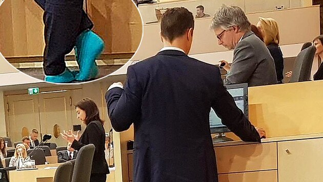 Blümel zeigte am Mittwoch im Parlament während einer Debatte seine türkisen Socken. Die SPÖ reagierte darauf erbost. (Bild: twitter.com/SPOE_at, krone.at-Grafik)
