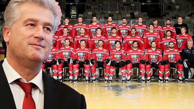 Österreichs Eishockey-Teamchef Roger Bader mit seinem WM-Team von 2019 ... (Bild: GEPA)