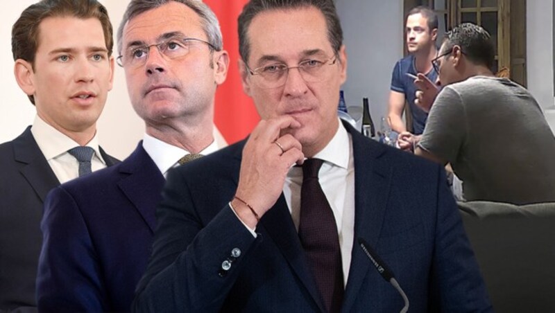 Beschuldigt in diversen Affären: Sebastian Kurz, Norbert Hofer, Heinz-Christian Strache, Johann Gudenus (Bild: APA/ROLAND SCHLAGER, APA/GEORG HOCHMUTH, Screenshot spiegel.de, krone.at-Grafik)