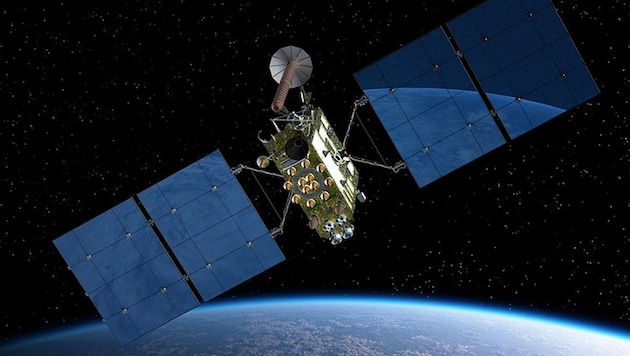 Künstlerische Darstellung: Ein GLONASS-Satellit im Erdorbit