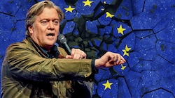 Das Integrationsprojekt EU liegt laut Steve Bannon in Trümmern. (Bild: stock.adobe.com, APA/AFP/PHILIPPE HUGUEN, krone.at-Grafik)