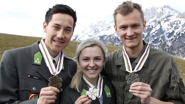 Kombinierer Mario Seidl, Skispringerin Chiara Hölzl und Superadler Daniel Huber gehören in der Saison 2019/20 dem Nationalteam an. (Bild: ANDREAS TROESTER)