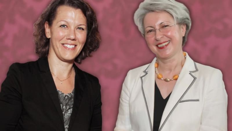 Die neuen Ministerinnen Iris Rauskala (li., Bildung) und Elisabeth Udolf-Strobl (re., Wirtschaft) (Bild: BMWFJ/Thule G. Jug, WU, krone.at-Grafik)