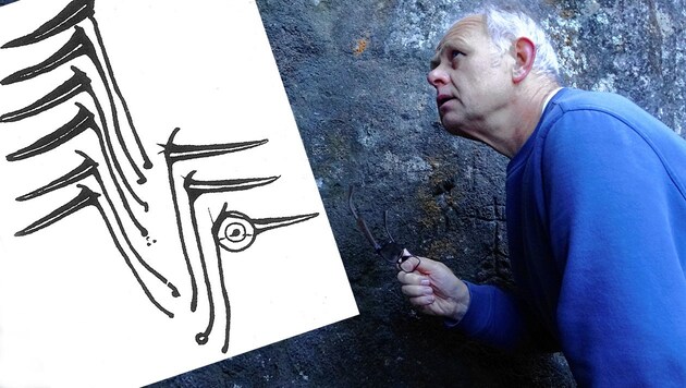 Wolfgang Kauer vor einer Felswand (links eine Zeichnung der Karikatur) (Bild: Wolfgang Kauer)