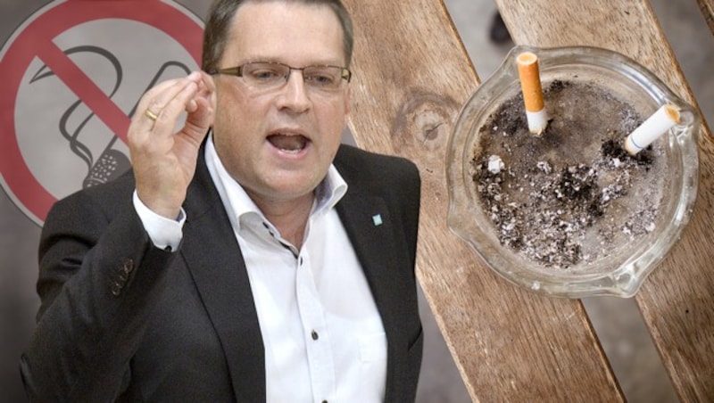 Klubchef August Wöginger (Bild) verkündete: Die ÖVP wird dem totalen Rauchverbot in der Gastronomie zustimmen. (Bild: stock.adobe.com, APA/Herbert Pfarrhofer, krone.at-Grafik)