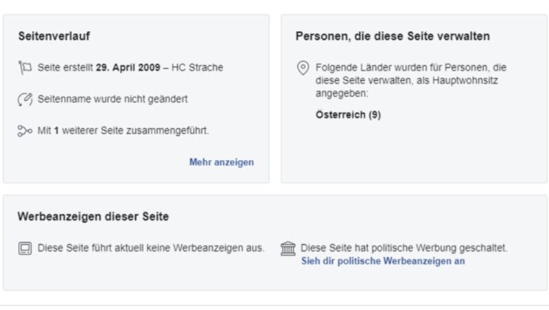 Die Seite „HC Strache“ wird von neun Personen aus Österreich administriert. Wer diese sind, ist für die Öffentlichkeit nicht ersichtlich. (Bild: Screenshot Facebook)