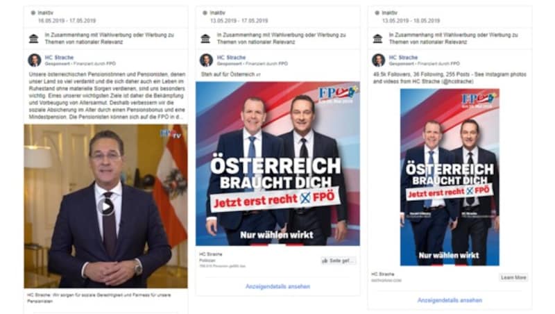 Die FPÖ hat bisher regelmäßig Werbeanzeigen für Straches Facebook-Seite finanziert. (Bild: Screenshot Facebook)