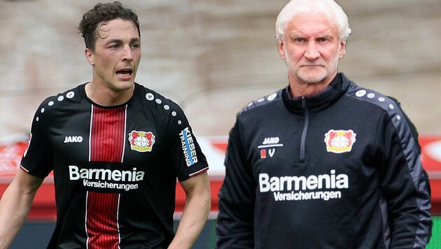 ÖFB-Legionär Julian Baumgartlinger und Leverkusen-Sportchef Rudi Völler (Bild: AFP, gepa, krone.at-Grafik)