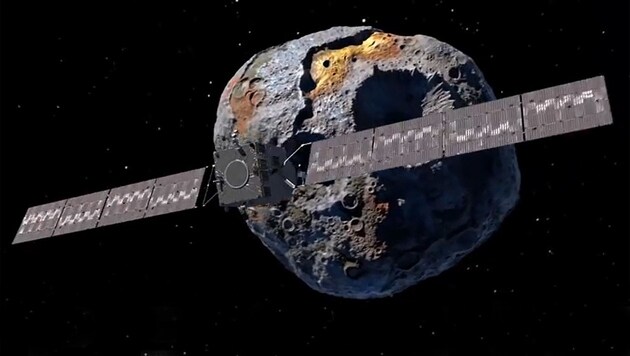Künstlerische Darstellung: Die NASA-Raumsonde „Psyche“ im Orbit des Asteroiden (16) Psyche (Bild: NASA)