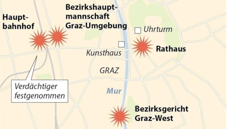 Die Brandanschläge in Graz (Bild: APA)