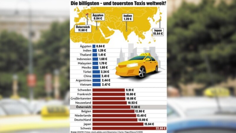 Infografik: Wo ist Taxifahren am teuersten - und wo am billigsten? Zum Vergrößern klicken! (Bild: Kronen Zeitung, stock.adobe.com, Maps4News/HERE, Peter Tomschi)