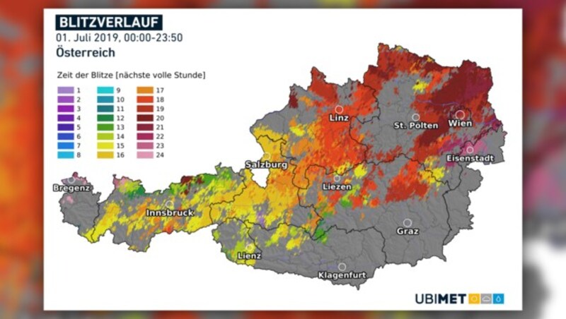 Der Verlauf der Blitze im Tagesverlauf am 1. Juli (Bild: Ubimet, krone.at-Grafik)