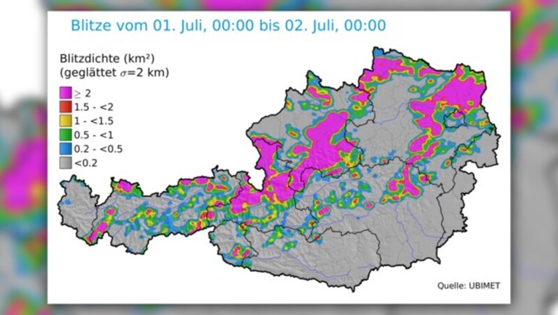 Die Blitzdichte in Österreich am 1. Juli (Bild: Ubimet, krone.at-Grafik)