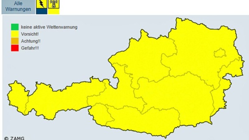 Gewitterwarnungen in Österreich am Sonntag (Bild: Screenshot/ZAMG)