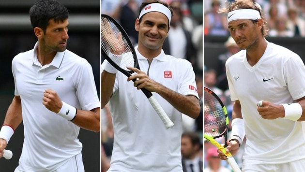 Novak Djokovic, Roger Federer und Rafael Nadal (v.l.n.r.) (Bild: APA/AFP/GLYN KIRK, APA/AFP/Ben STANSALL)