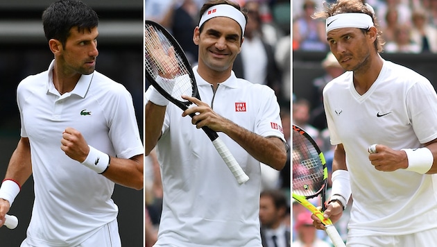 Novak Djokovic, Roger Federer und Rafael Nadal (v.l.n.r.) (Bild: APA/AFP/GLYN KIRK, APA/Ben STANSALL)
