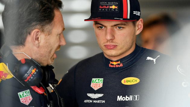 Christian Horner (l.) und Max Verstappen (Bild: APA/AFP/GETTY IMAGES/Dan Mullan)