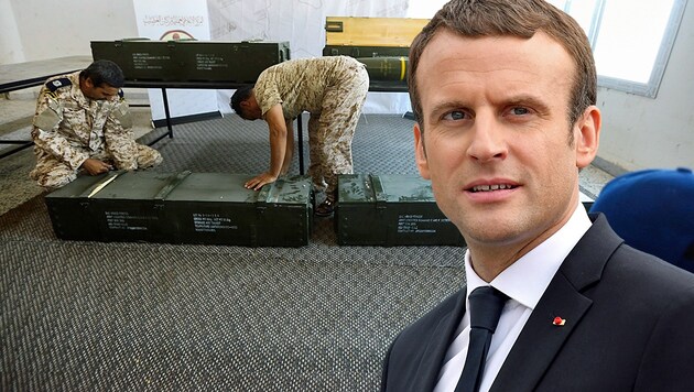 Frankreichs Präsident ist wegen französischer Waffen in den Händen der Truppen von General Haftar in Erklärungsnot. (Bild: AP, AFP, krone.at-Grafik)