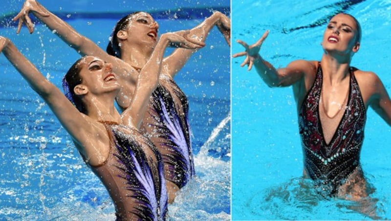 Eirini und Anna Maria Alexandri (li.) mischen im Duett in der Weltspitze mit, Schwester Vasiliki (re.) schwimmt Solo. (Bild: GEPA, AFP/FERENCISZA)