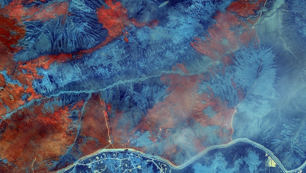 Ein Satellitenfarbbild zeigt das Ausmaß des Feuers (Bild: AP)