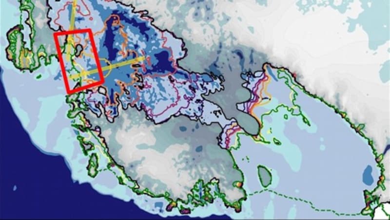 Der rote Rahmen markiert jenen Bereich, in dem die Beschneiung erfolgen würde. (Bild: PIK/Andreas Levermann et al.)