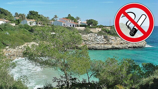 Die Buch Cala Anguila („Aalbucht“) im Osten der spanischen Baleareninsel Mallorca wird bald rauchfrei. (Bild: Wikipedia, stock.adobe.com, krone.at-Grafik)