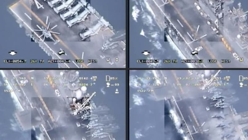 Aufnahmen einer iranischen Drohne, die von der US-Marine abgeschossen worden sein soll - oder doch nicht? (Bild: APA/AFP/Iran's Islamic Revolutionary Guard Corps (IRGC))