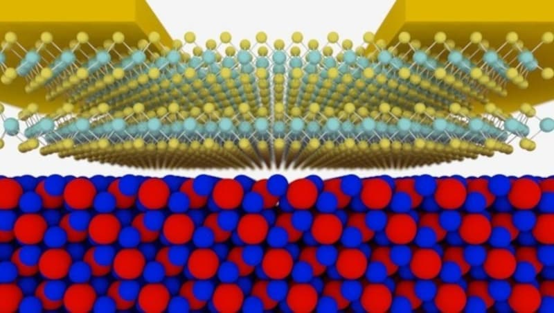 Eine schematische Skizze des neuen Transistors. In rot-blau: der Isolator, darüber der Halbleiter. (Bild: TU Wien)