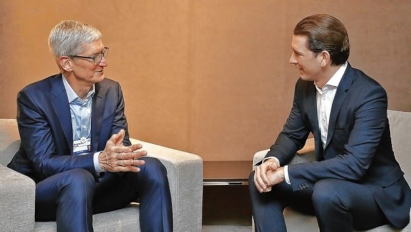 Sebastian Kurz im Gespräch mit Apple-Chef Tim Cook im Jänner 2019 (Bild: APA/DRAGAN TATIC)