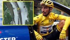 Der bisherige Gesamtführende Julian Alaphilippe kann’s nicht fassen - ein Hagel-Unwetter hat die 19. Etappe der Tour de France vorzeitig beendet… (Bild: Associated Press, Twitter/Movistar_Team)