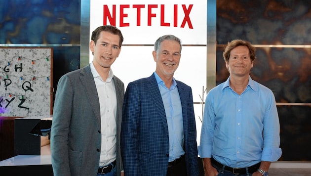 Kurz und US-Botschafter Traina bei Netflix-Gründer Reed Hastings. Seine erste Frage: „Haben Sie ein Abo?“ (Bild: Neue Volkspartei/Jakob Glaser)